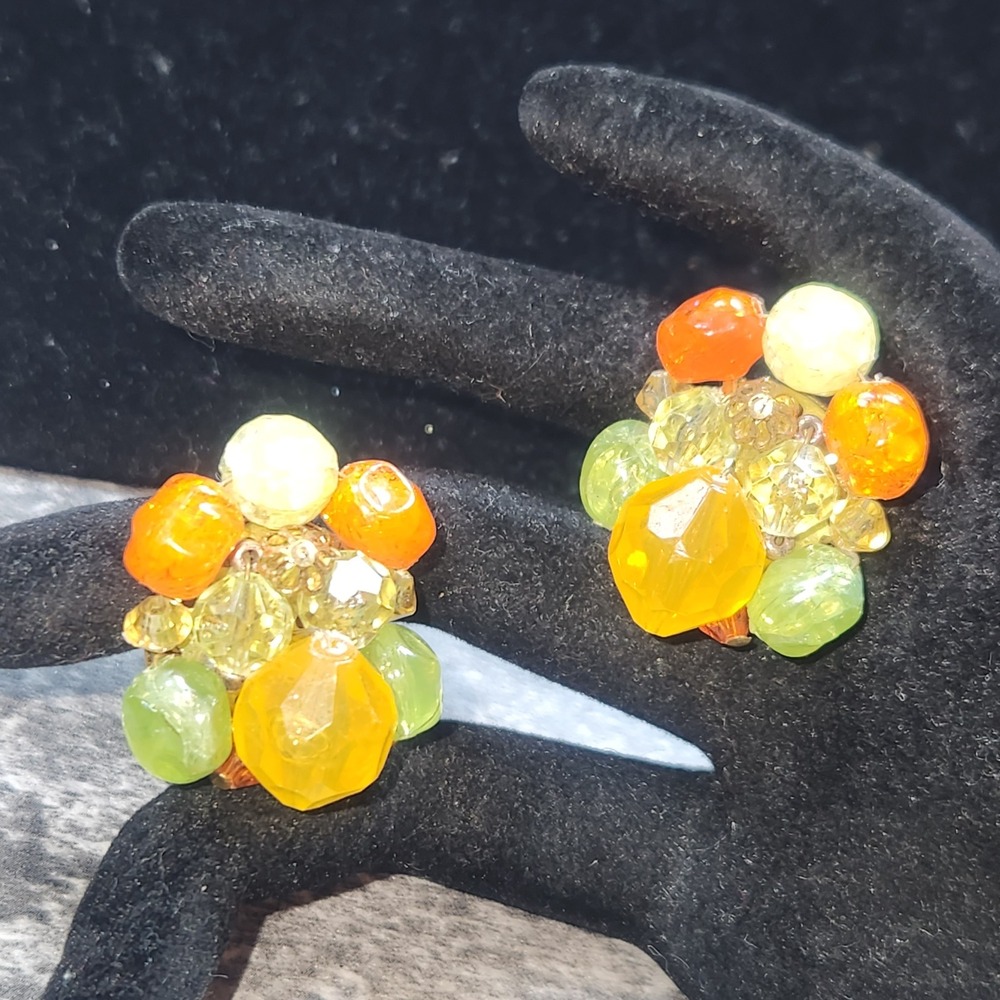 Vintage Citrus Bead Cluster Clip On Earrings Orange Yellow Green Glass Retro‎